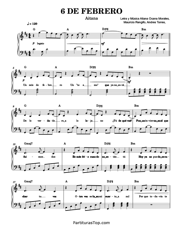 Partitura 6 DE FEBRERO Aitana Partitura Piano PDF 6 DE FEBRERO Partitura Piano