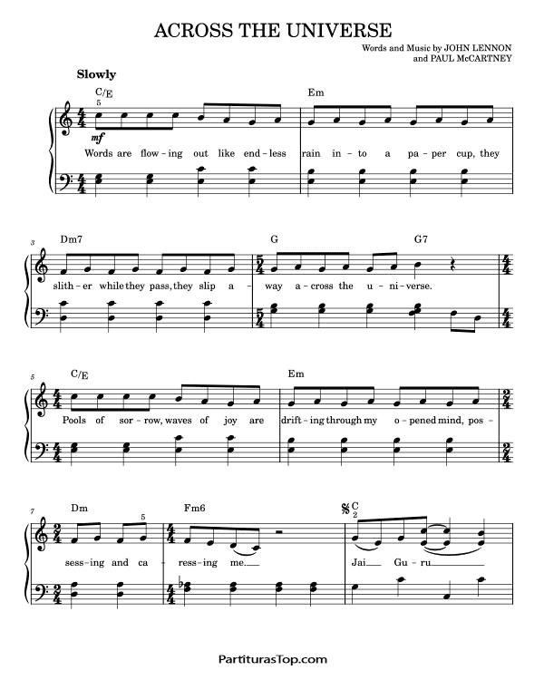 Across The Universe Partitura Piano Facil - The Beatles