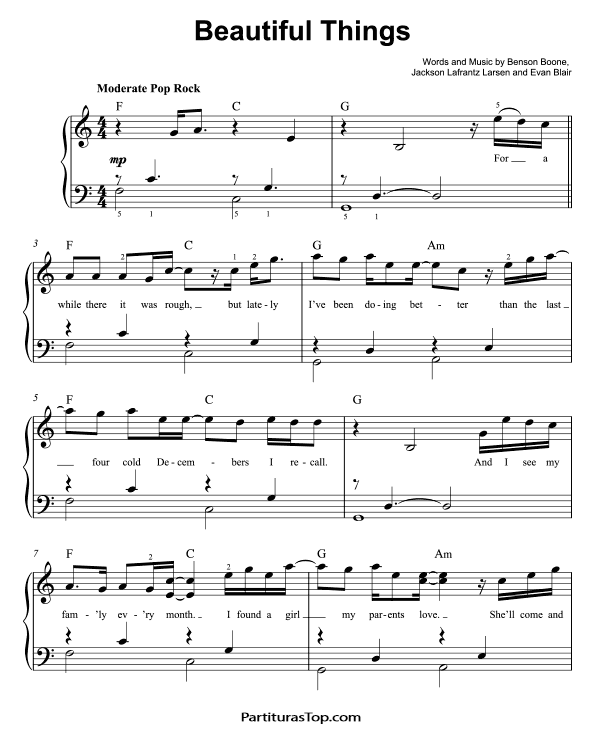 Beautiful Things Partitura Piano Facil Benson Boone PDF Beautiful Things Partitura Piano Facil