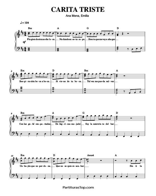Partitura CARITA TRISTE Ana Mena, Emilia Partitura Piano PDF CARITA TRISTE Partitura Piano