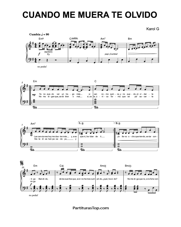 Partitura Cuando Me Muera Te Olvido KAROL G Partitura Piano y Voz PDF Cuando Me Muera Te Olvido Partitura Piano