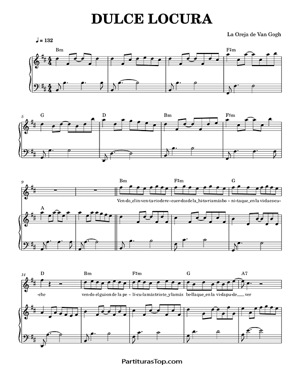 Partitura Dulce Locura La Oreja de Van Gogh Partitura Piano y Voz PDF Dulce Locura Partitura Piano