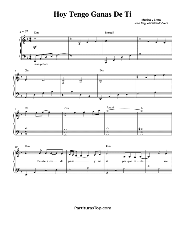 Partitura Hoy Tengo Ganas De Ti Alejandro Fernandez (Re menor) PVC