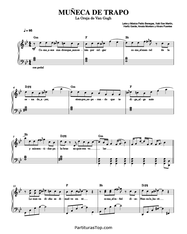 Partitura Muñeca De Trapo La Oreja de Van Gogh Partitura Piano y Voz PDF Muñeca De Trapo Partitura Piano