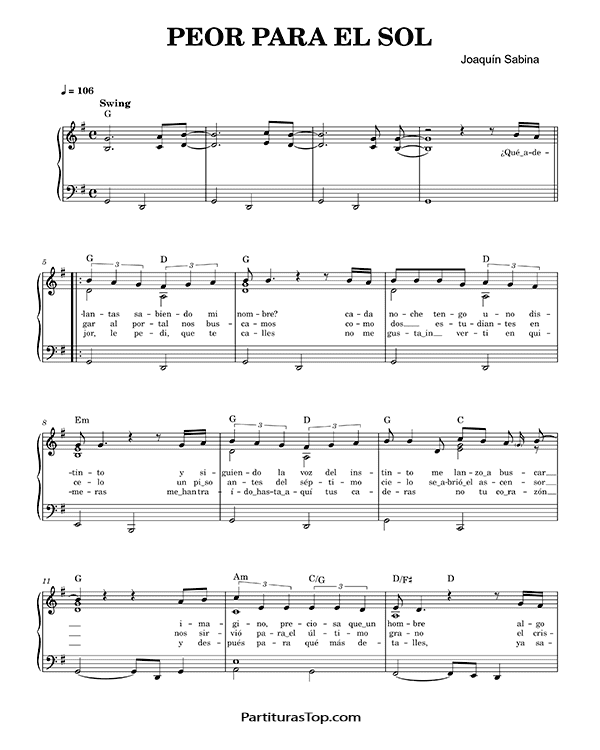 Partitura Peor para el Sol Joaquin Sabina Partitura Piano y Voz PDF Peor para el Sol Partitura Piano