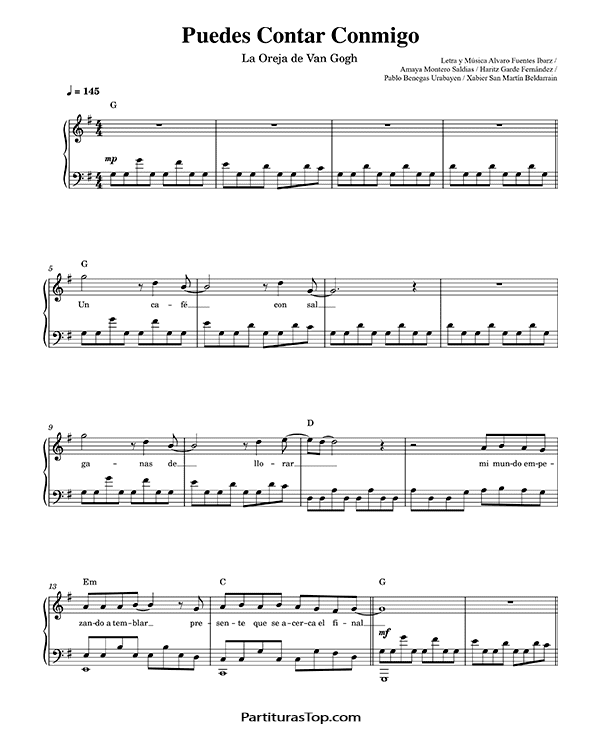 Partitura Puedes Contar Conmigo La Oreja de Van Gogh Partitura Piano PDF Puedes Contar Conmigo Partitura Piano