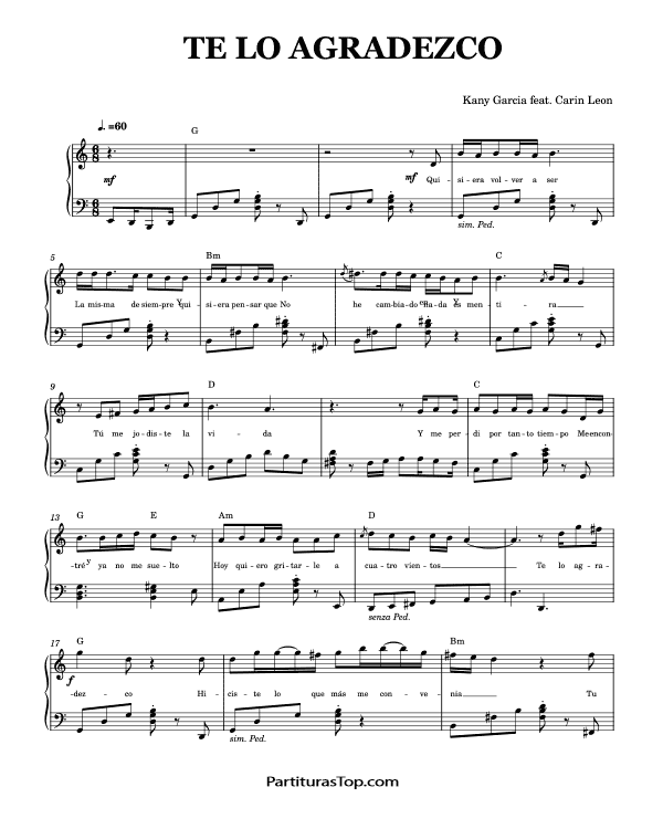 Partitura Te Lo Agradezco Kany Garcia, Carin Leon Partitura Piano y Voz PDF Te Lo Agradezco Partitura Piano