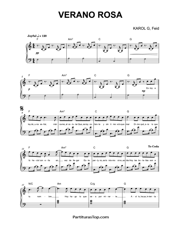 Partitura Verano Rosa KAROL G Partitura Piano y Voz PDF Verano Rosa Partitura Piano